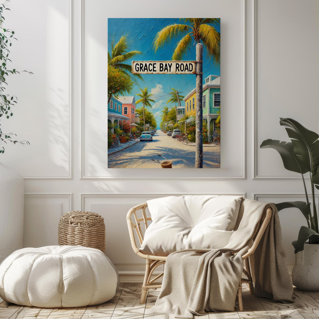 Grace Bay Road Oil Painting Art Print: Turks and Caicos Street Sign Travel Poster