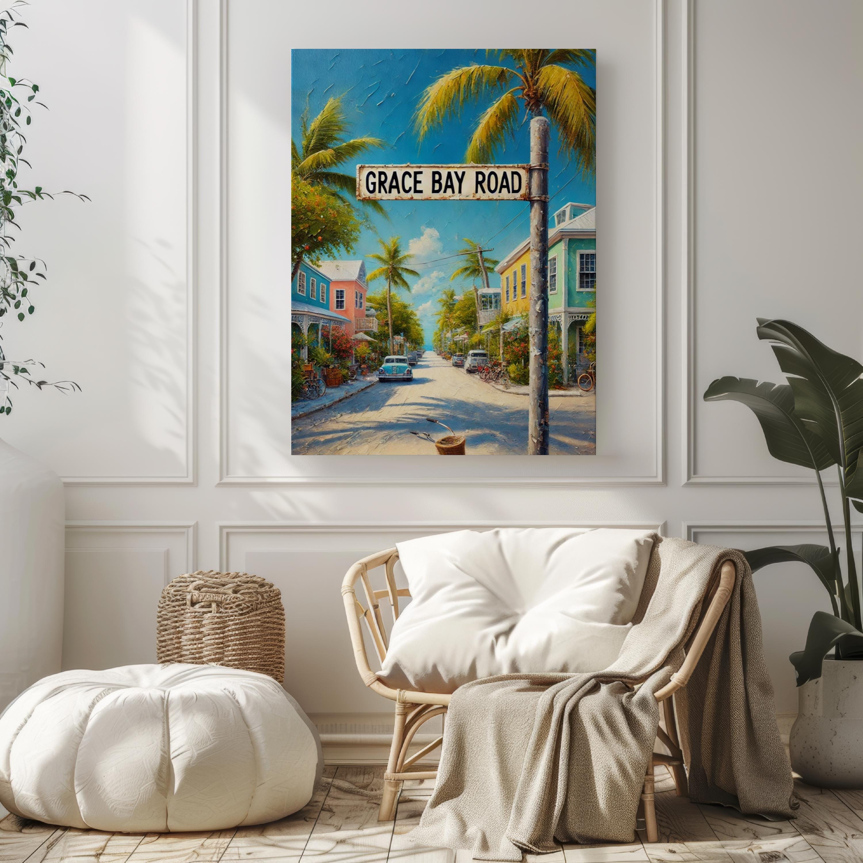 Grace Bay Road Oil Painting Art Print: Turks and Caicos Street Sign Travel Poster