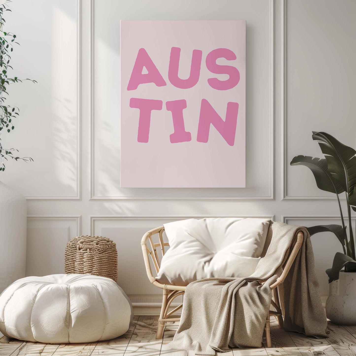 Austin Art Print, Modern Minimalist Pink and White Wall Decor, Texas Dorm Room Bed Decor, Austin Lovers Gift, Vibrant Austin Texas Artwork