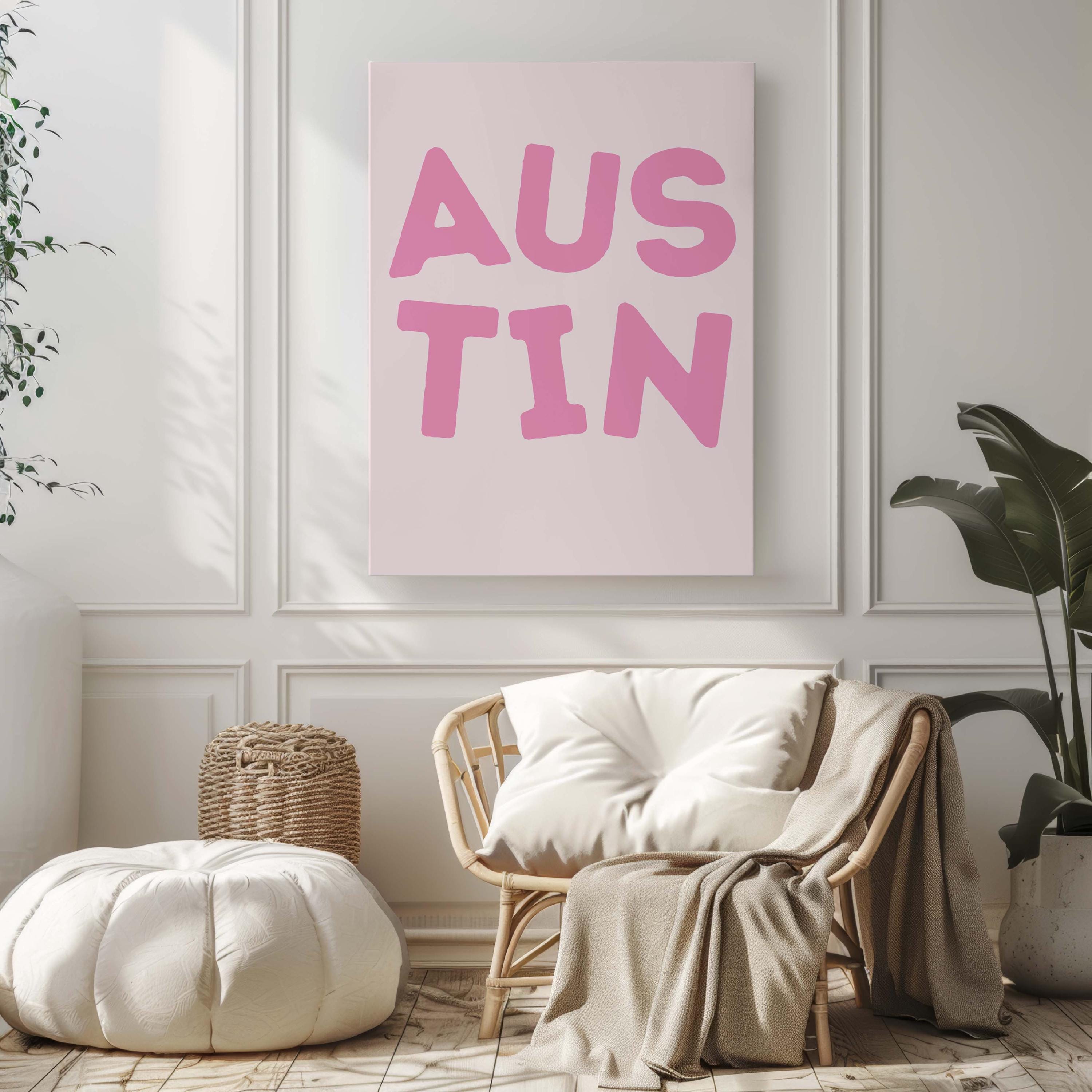 Austin Art Print, Modern Minimalist Pink and White Wall Decor, Texas Dorm Room Bed Decor, Austin Lovers Gift, Vibrant Austin Texas Artwork