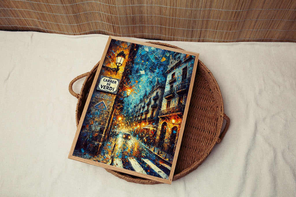 Carrer de Verdi Oil Painting Art Print: Barcelona Spain Street Sign Travel Poster