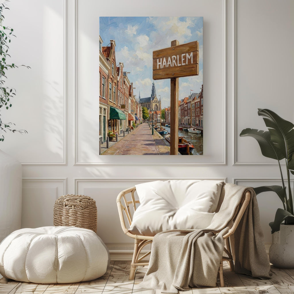 Haarlem Oil Painting Art Print: Netherlands Canal Street Sign Travel Poster