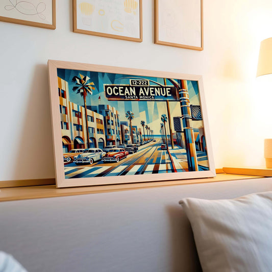 Santa Monica Ocean Ave Wall Art, Cubism Travel Print & Poster, Santa Monica Gift, Housewarming Decor, Modern Coastal Artwork
