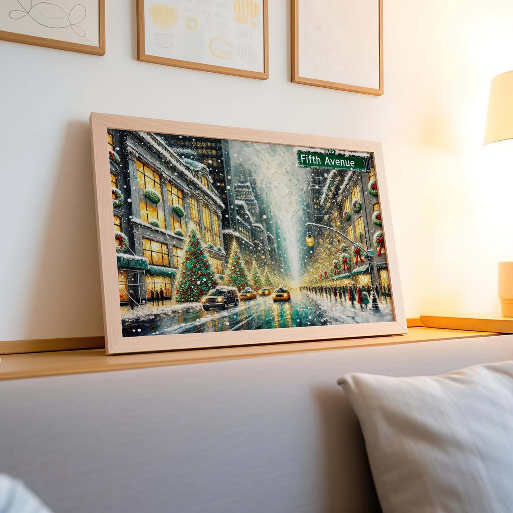 Fifth Avenue Christmas Art Print – NYC Holiday Scene, Winter City Street Decor