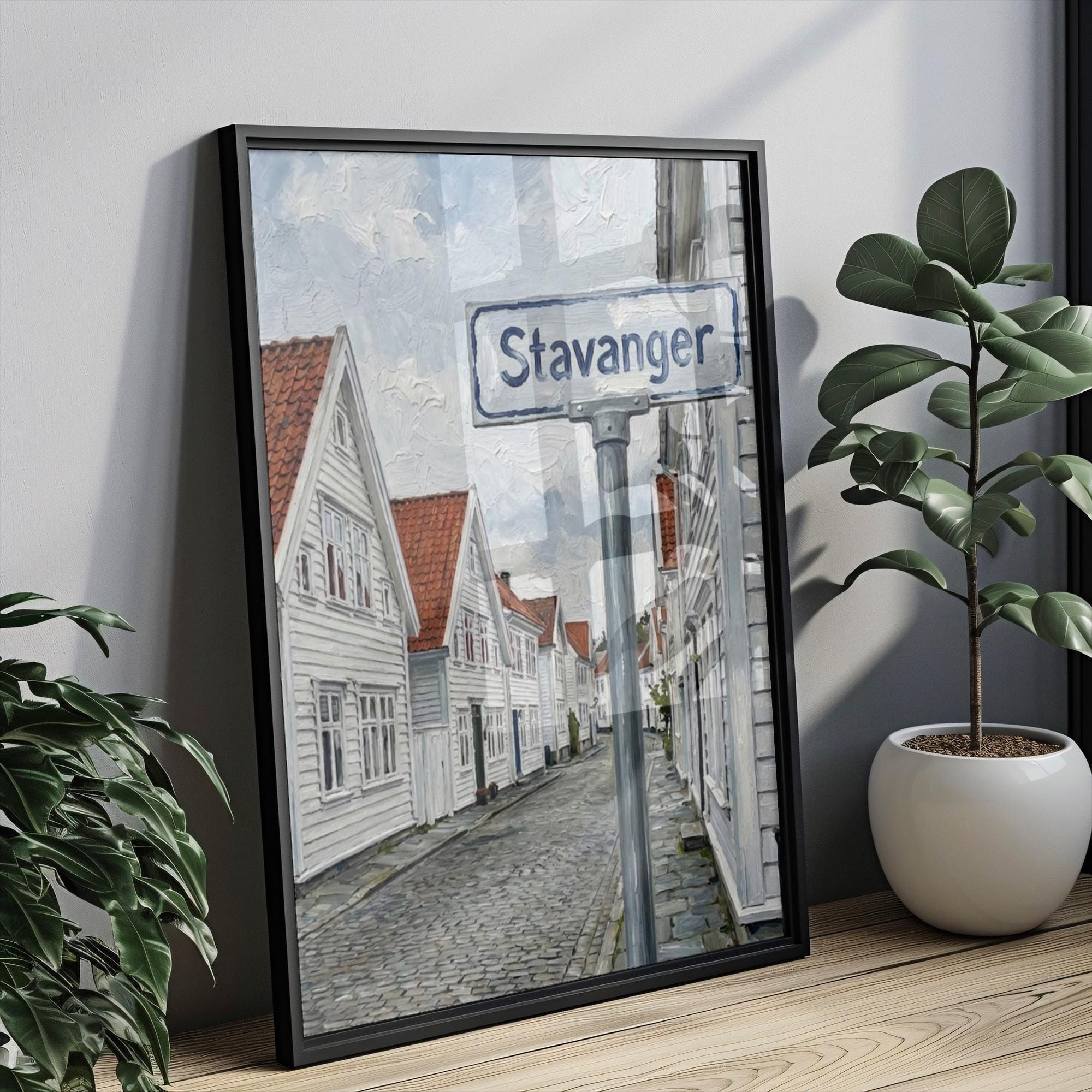 Stavanger Oil Painting Art Print: Norway Coastal Street Sign Travel Poster