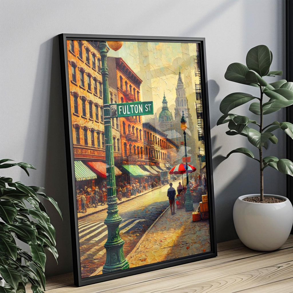 Fulton Street Oil Painting Art Print: Lower Manhattan NYC Travel Poster