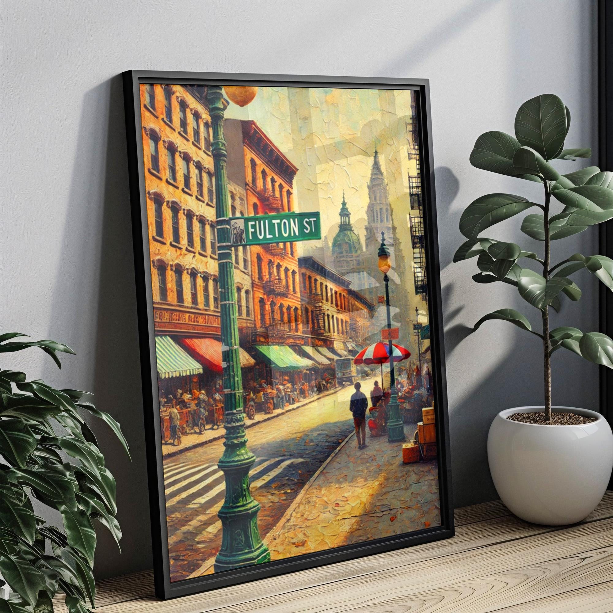 Fulton Street Oil Painting Art Print: Lower Manhattan NYC Travel Poster