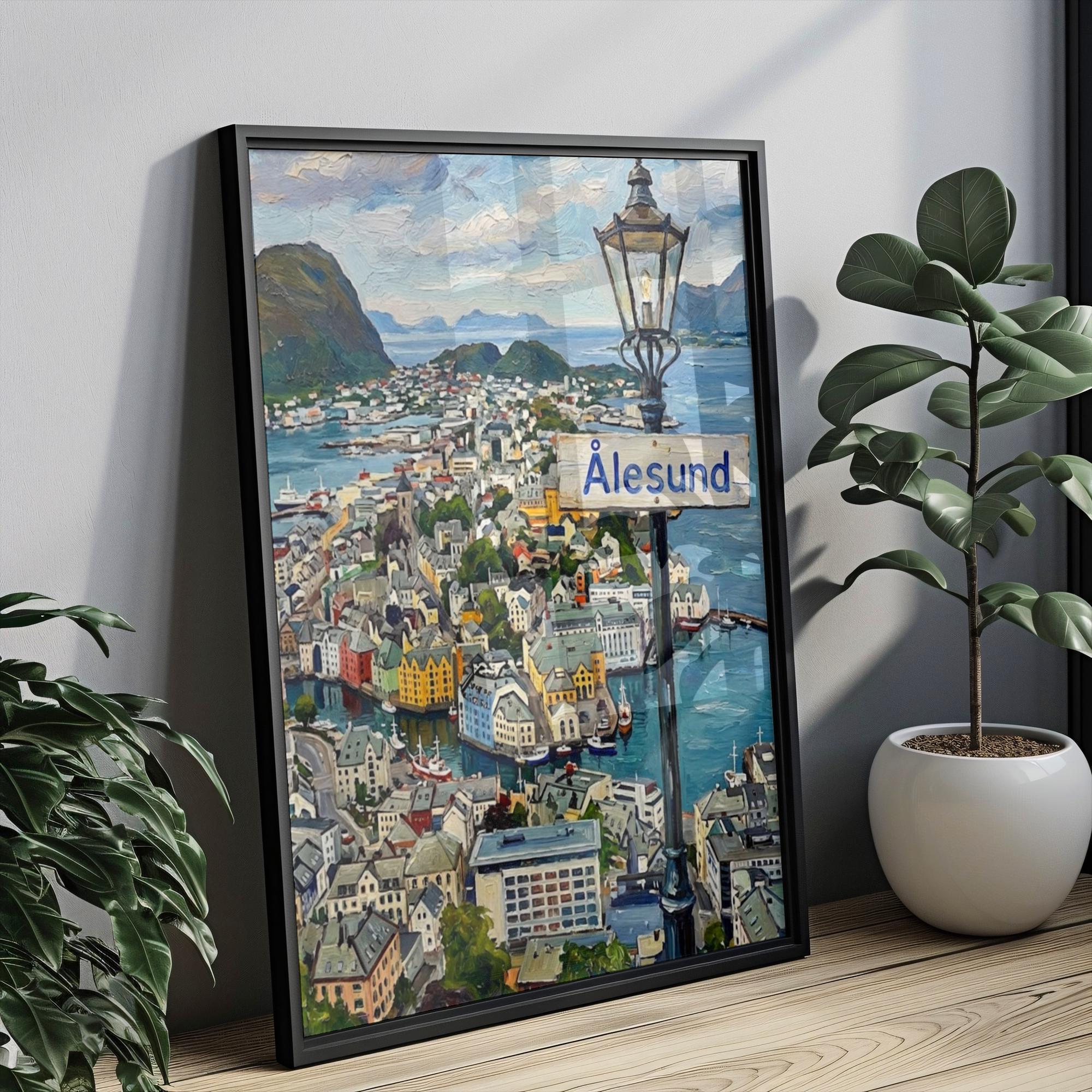 Alesund Oil Painting Art Print: Norway Coastal Street Sign Travel Poster