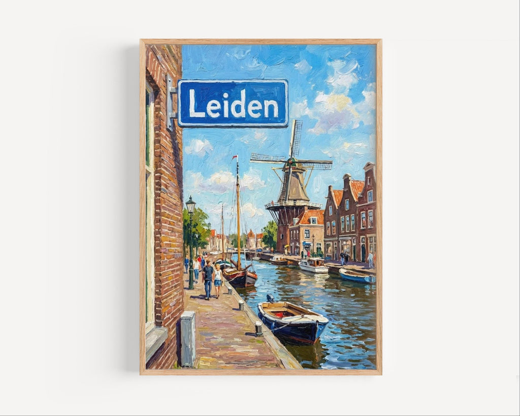 Leiden Oil Painting Art Print: Netherlands Canal Street Sign Travel Poster