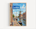 Leiden Oil Painting Art Print: Netherlands Canal Street Sign Travel Poster
