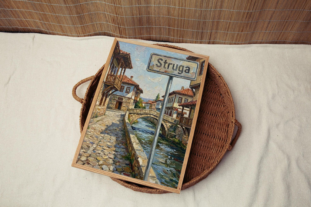 Struga Oil Painting Art Print: North Macedonia Street Sign Travel Poster
