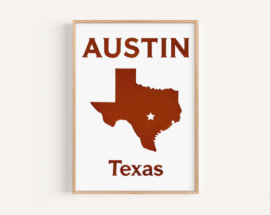 Austin Print Texas Wall Art, Travel Home Decor, Austin TX Gift, Housewarming & College Dorm Room Decoration