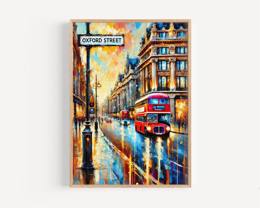 Oxford Street Wall Art Print – London Travel Poster, UK Cityscape Gift, Housewarming Decor, United Kingdom Art Illustration