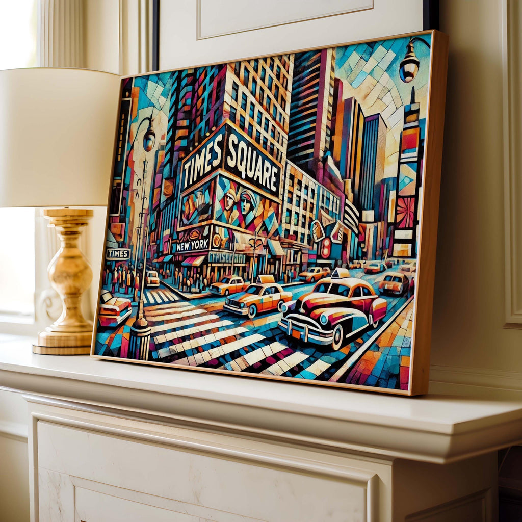 Times Square Wall Art Cubism Print - Manhattan NYC Travel Poster, Modern Urban Decor, Unique Housewarming Gift, Vibrant Cityscape Artwork