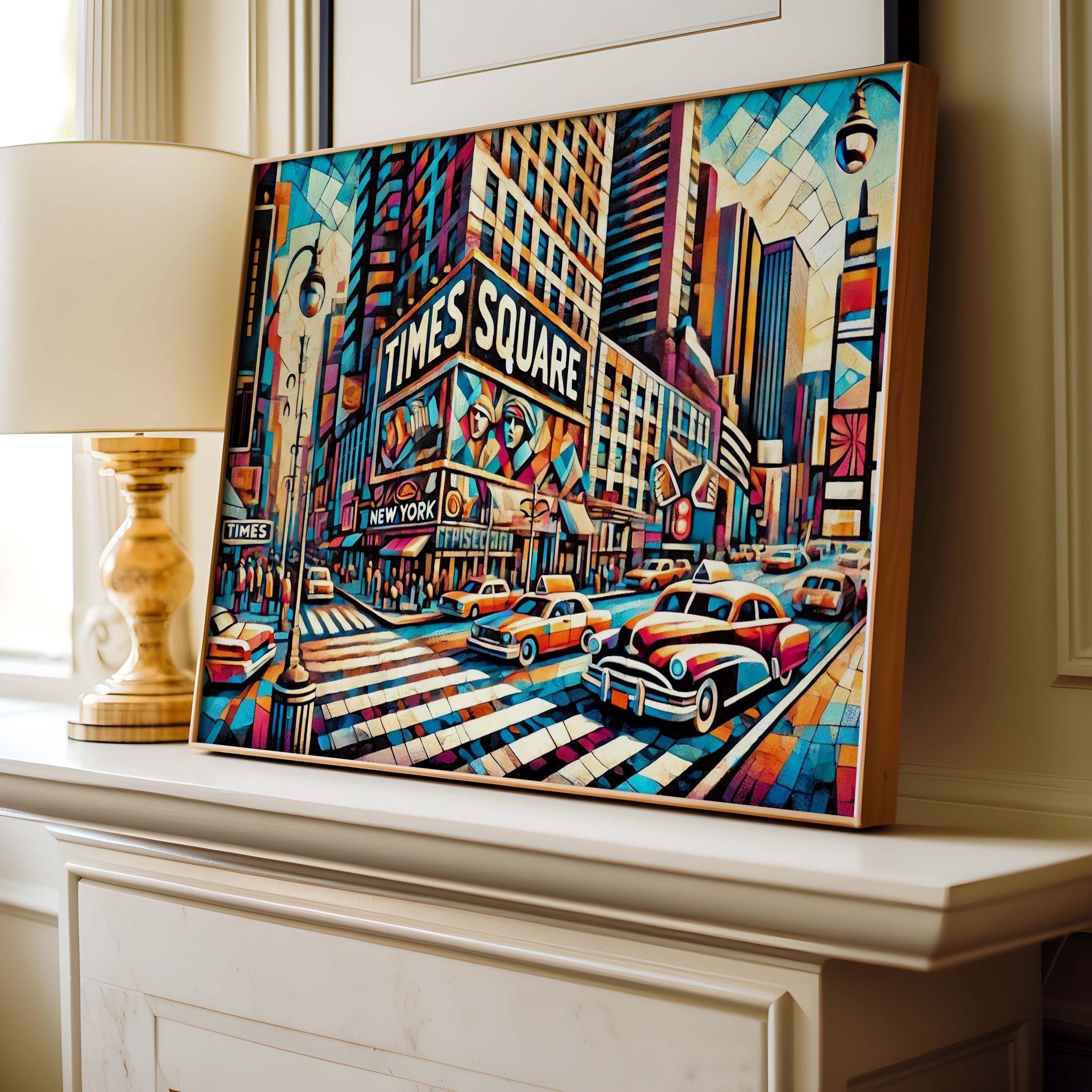 Times Square Wall Art Cubism Print - Manhattan NYC Travel Poster, Modern Urban Decor, Unique Housewarming Gift, Vibrant Cityscape Artwork