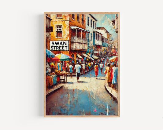 Bridgetown Print, Swan Street Wall Art, Barbados Travel Souvenir, Caribbean Island Art, Vibrant Street Scene, Museum-Grade Paper
