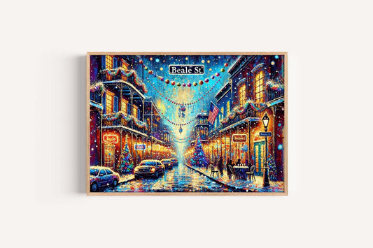 Beale Street Christmas Art Print – Memphis Holiday Wall Decor, Blues Music Winter Scene