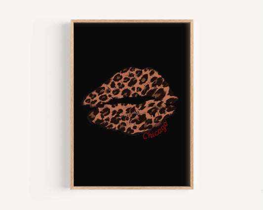 Chicago Lips Artwork | Dorm Wall Decor | Leopard Print Lips Illustration | Modern Art Print for Bedroom or Living Room
