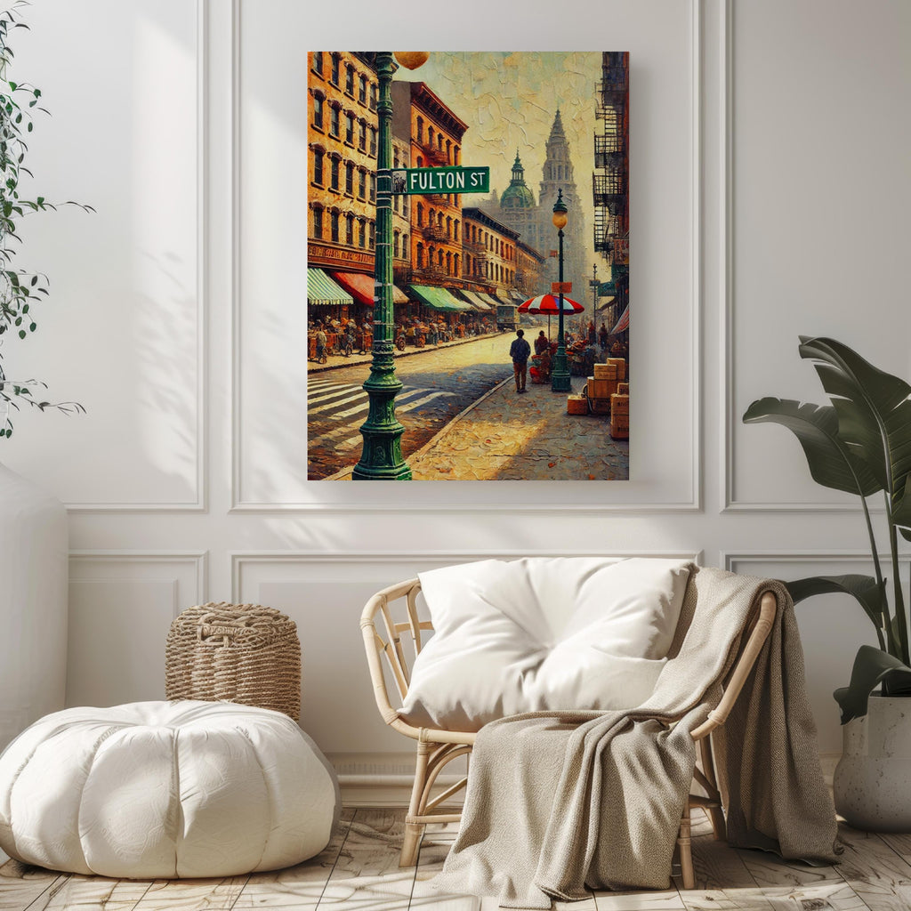 Fulton Street Oil Painting Art Print: Lower Manhattan NYC Travel Poster
