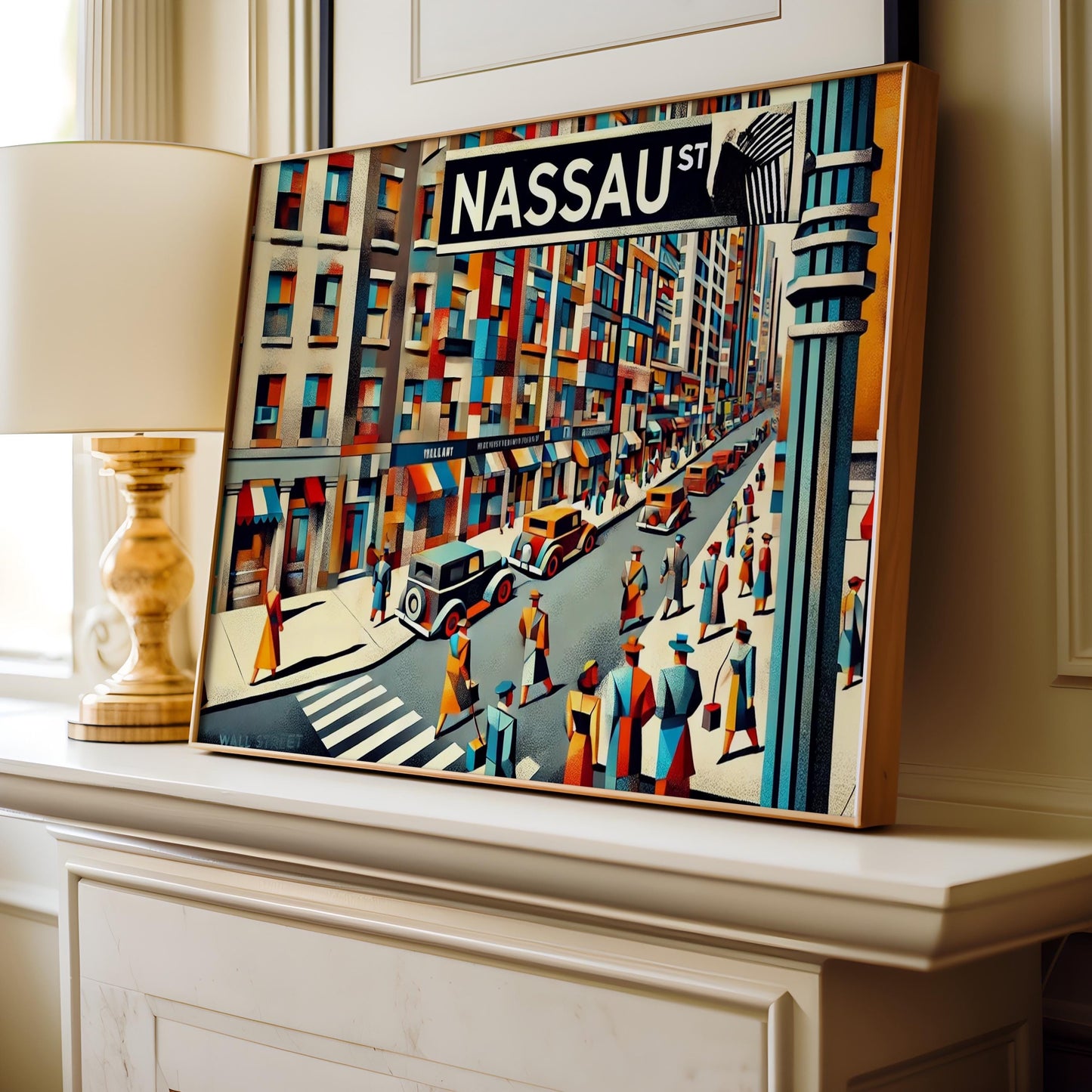 Nassau Street Wall Art Cubism Print - Manhattan Financial District Travel Poster, Modern Cityscape Decor Gift