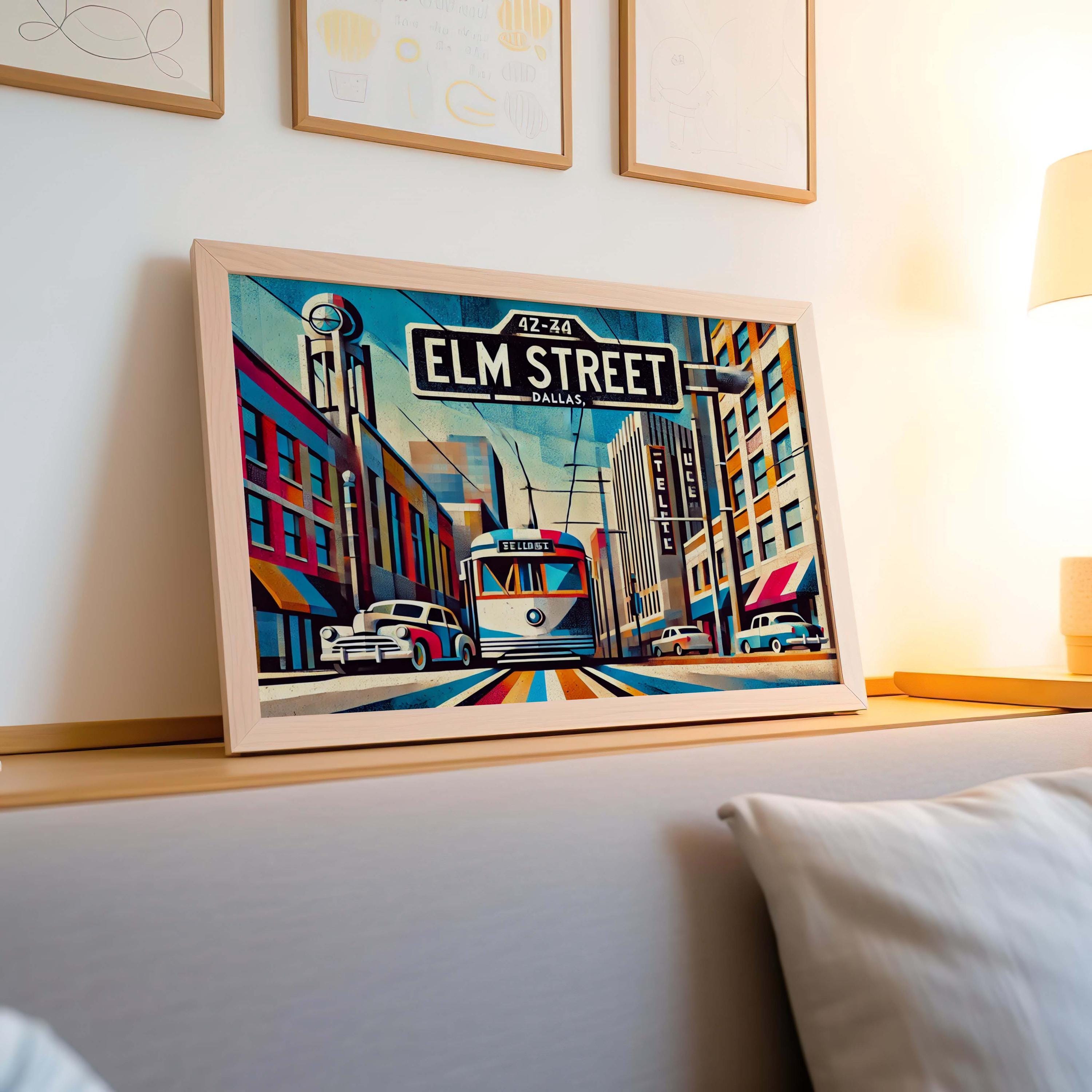 Elm Street Wall Art Cubism Print - Dallas Texas Travel Poster, Modern Housewarming Gift, Unique Dallas Cubism Art Decor
