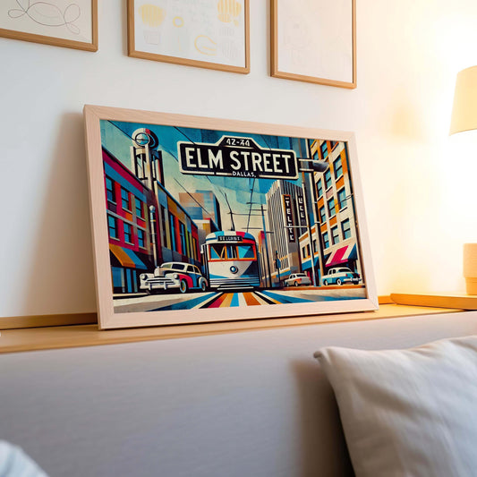 Elm Street Wall Art Cubism Print - Dallas Texas Travel Poster, Modern Housewarming Gift, Unique Dallas Cubism Art Decor