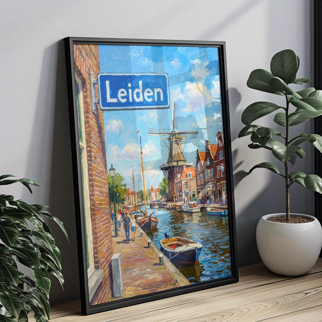 Leiden Oil Painting Art Print: Netherlands Canal Street Sign Travel Poster