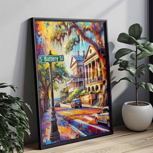 Charleston S Battery Wall Art Print - South Carolina Travel Poster Gift, Charleston Street Map, Coastal Home Decor