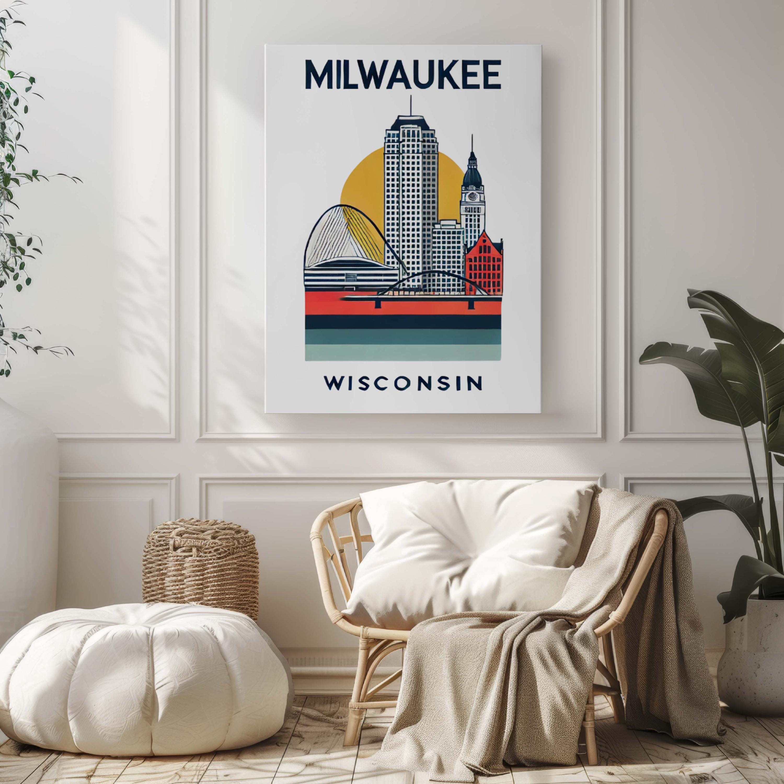 Milwaukee Print Wall Art - Wisconsin Travel Map, Home Decor, Housewarming & College Gift, WI City Skyline Poster