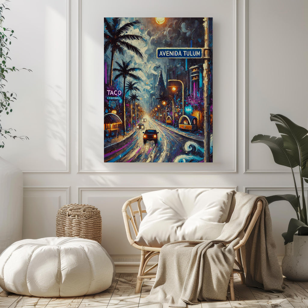 Avenida Tulum Oil Painting Art Print: Cancún Mexico Street Sign Travel Poster