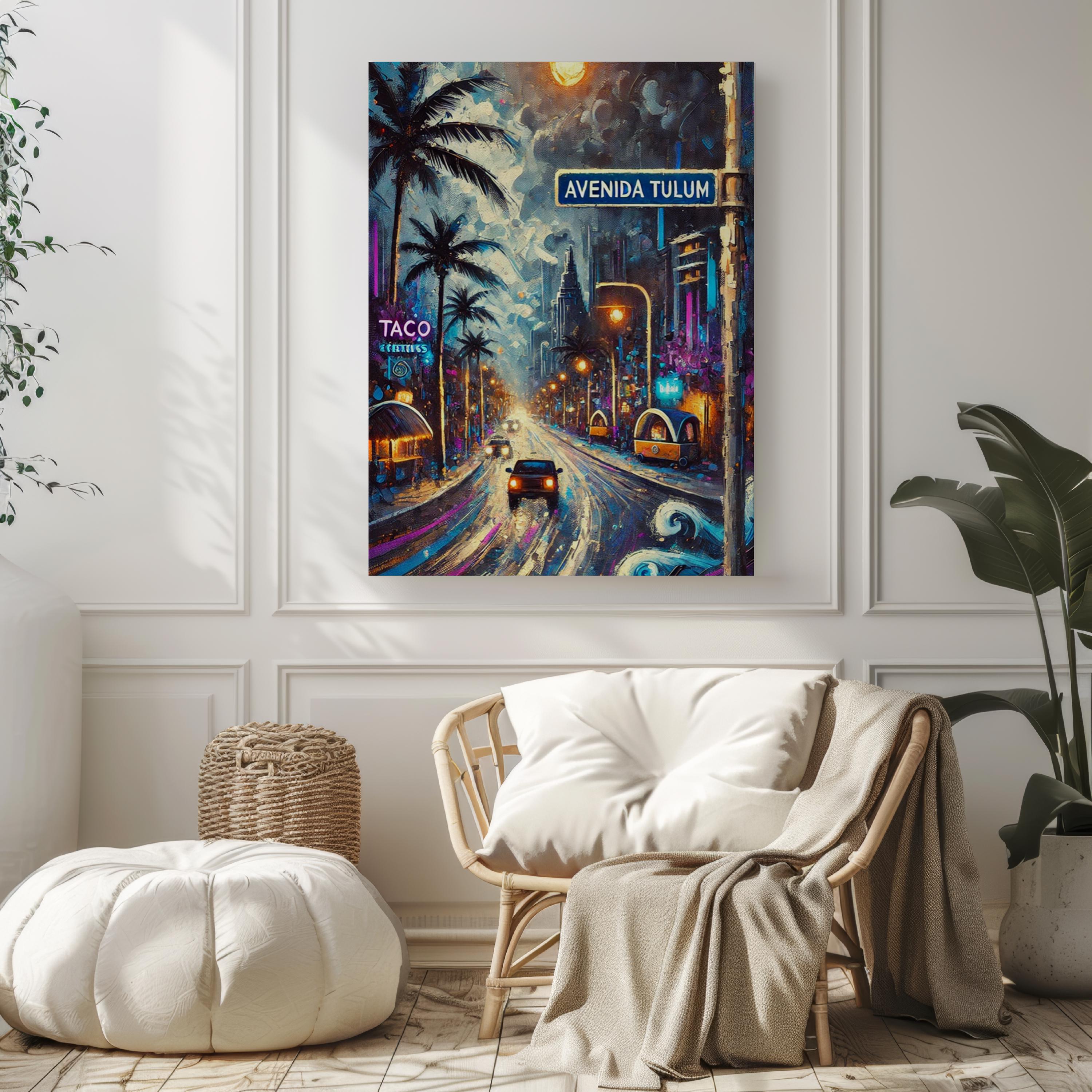 Avenida Tulum Oil Painting Art Print: Cancún Mexico Street Sign Travel Poster