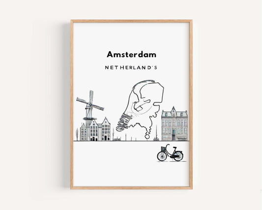 Amsterdam Print: Travel Wall Art & Home Decor, Netherland Gift, College Room Decor, Housewarming Present, Stylish Modern Poster
