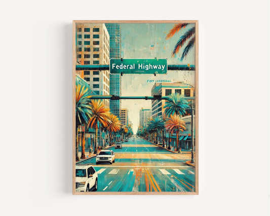 Federal Highway Wall Art Print - Fort Lauderdale Florida Travel Poster, FL Gift, Housewarming Decor, Scenic Road Map Illustration