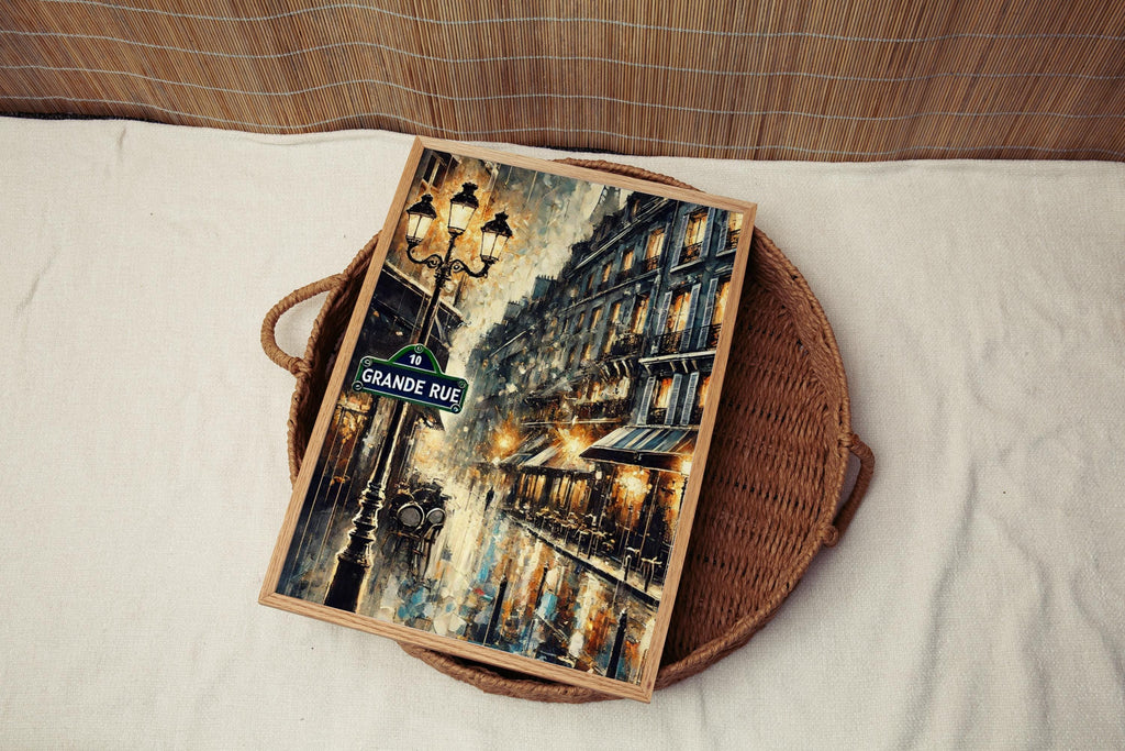 Grand Rue Oil Painting Art Print: Paris France Street Sign Travel Poster