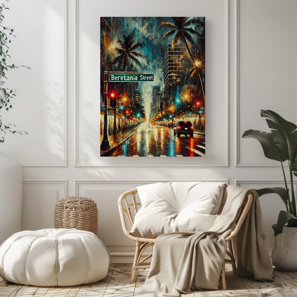 Beretania Street Oil Painting Art Print: Honolulu Hawaii Street Sign Travel Poster