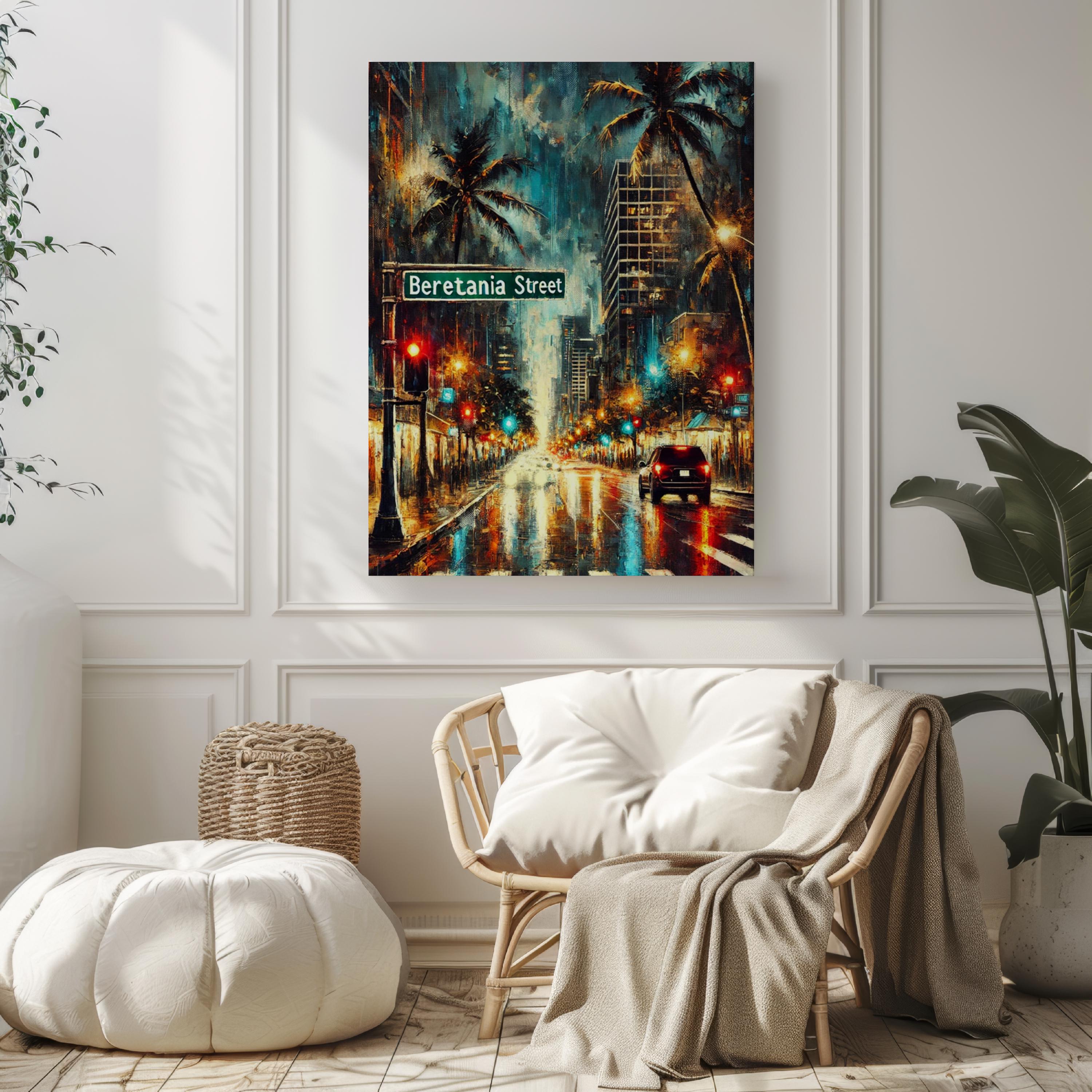Beretania Street Oil Painting Art Print: Honolulu Hawaii Street Sign Travel Poster