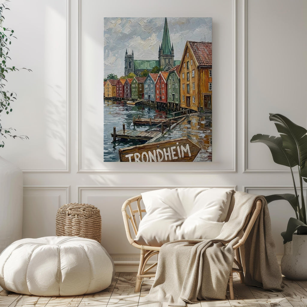 Trondheim Oil Painting Art Print: Norway Harbor Street Sign Travel Poster