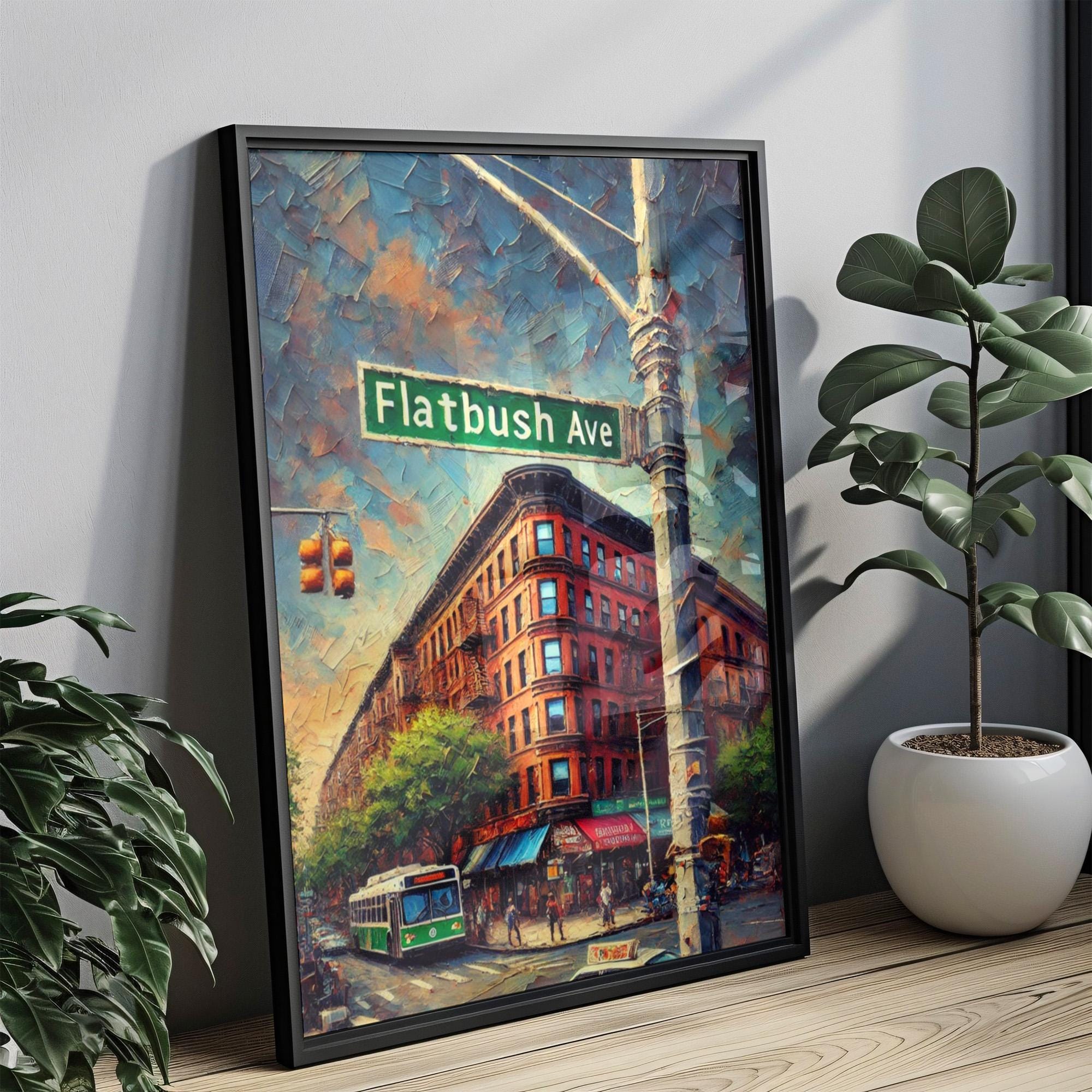 Flatbush Avenue Oil Painting Art Print: Brooklyn NYC Street Sign Travel Poster