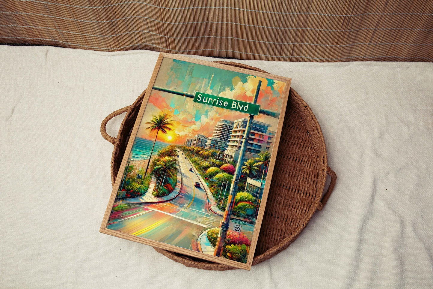Sunrise Boulevard Wall Art Print - Fort Laudy Florida Travel Poster, Coastal Home Decor, Housewarming Gift, Beach Sunset Illustration
