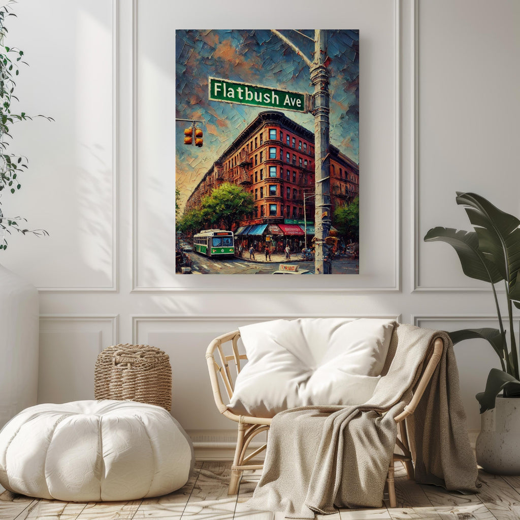 Flatbush Avenue Oil Painting Art Print: Brooklyn NYC Street Sign Travel Poster