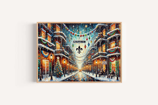 Michigan Avenue Christmas Art Print – Chicago Holiday Wall Decor, Festive City Street Scene