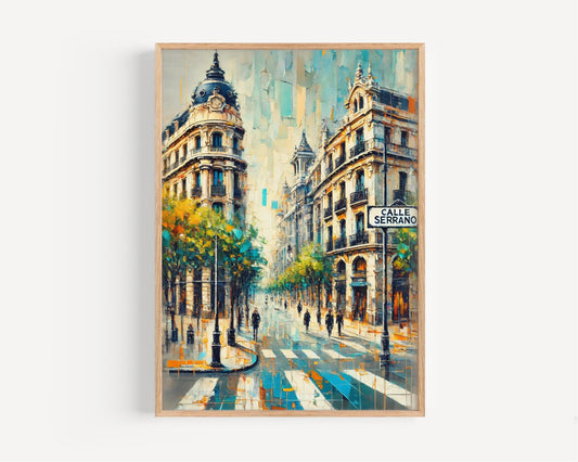 Spain art, Calle Serrano wall art, Madrid print, travel souvenir, cityscape artwork, upscale shopping district, vibrant Madrid wall decor