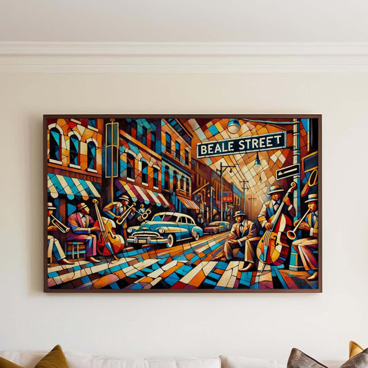 Beale Street Wall Art Cubism Print - Memphis Tennessee Travel Poster, Modern Housewarming Gift, Unique Cityscape Decor