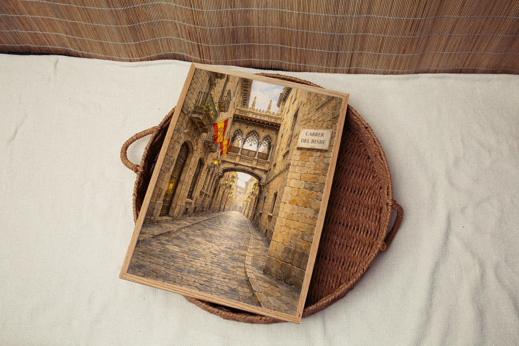 Carrer del Bisbe Street Sign Print: Barcelona Gothic Quarter Travel Poster