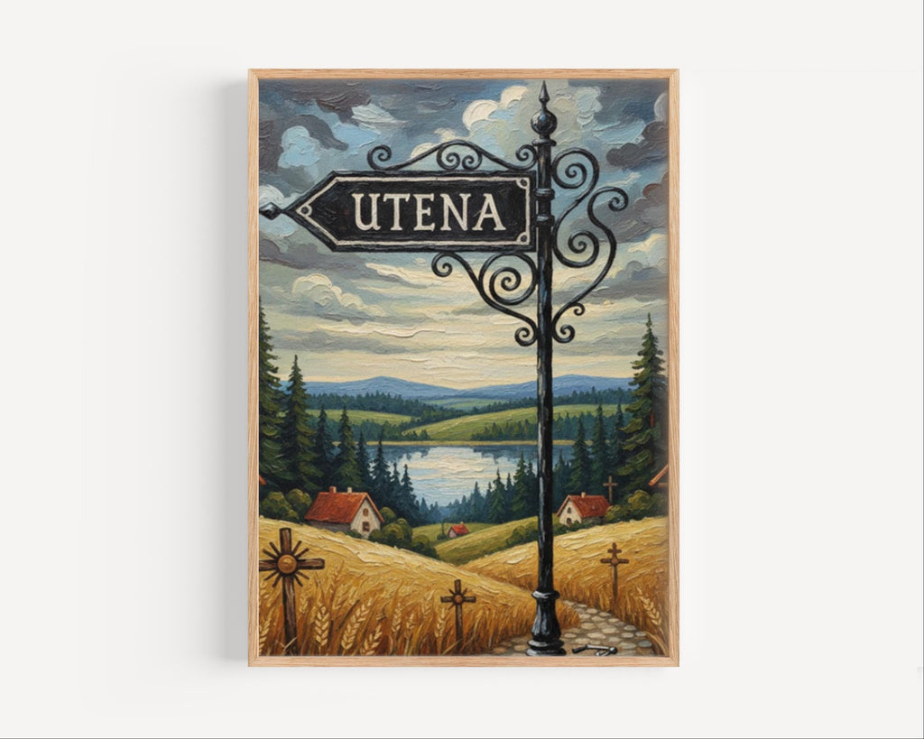 Utena Street Sign Art Print: Lithuania Lake District Travel Poster