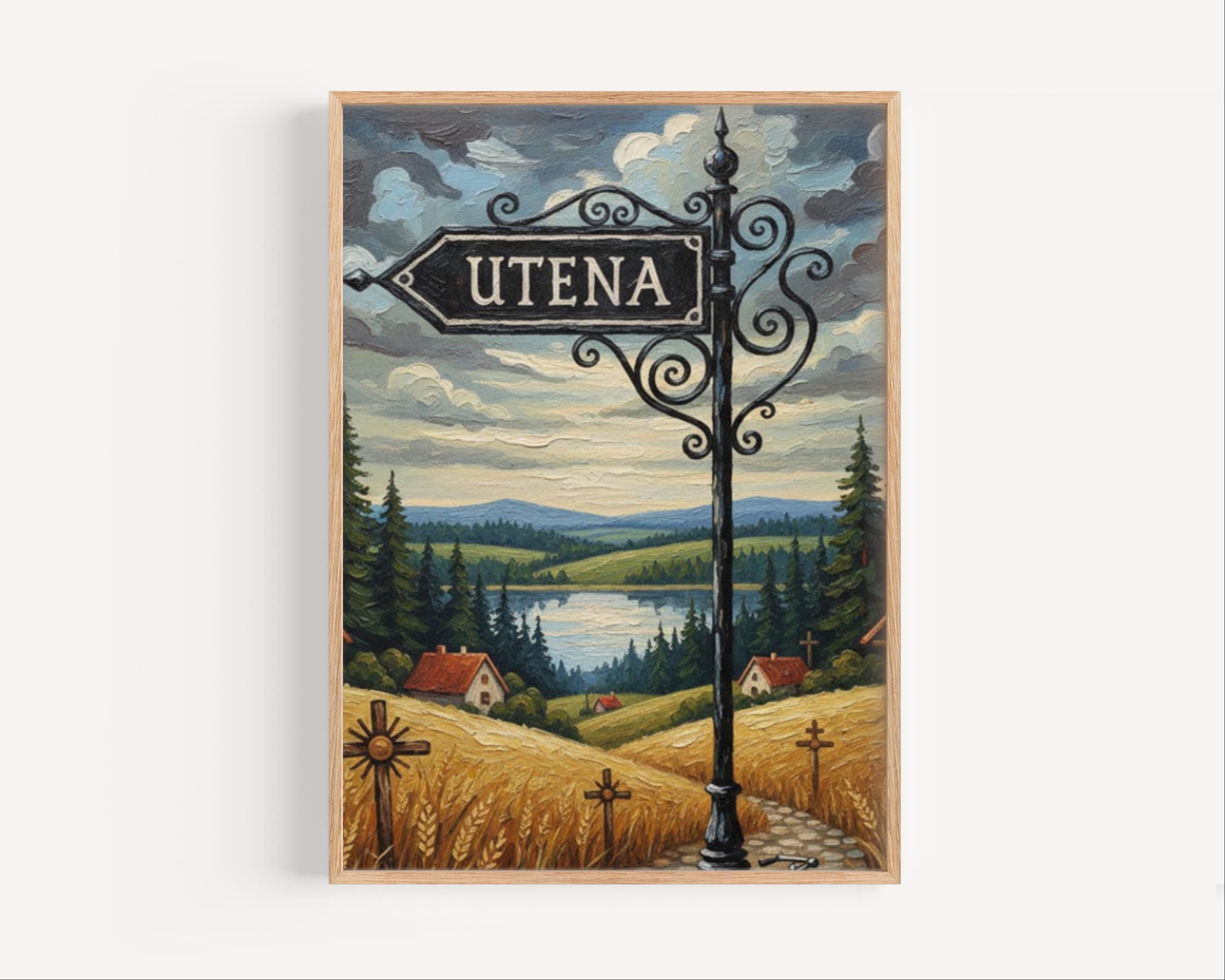 Utena Street Sign Art Print: Lithuania Lake District Travel Poster