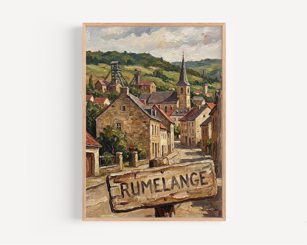 Rumelange Street Oil Painting Art Print: Rumelange Luxembourg Travel Poster