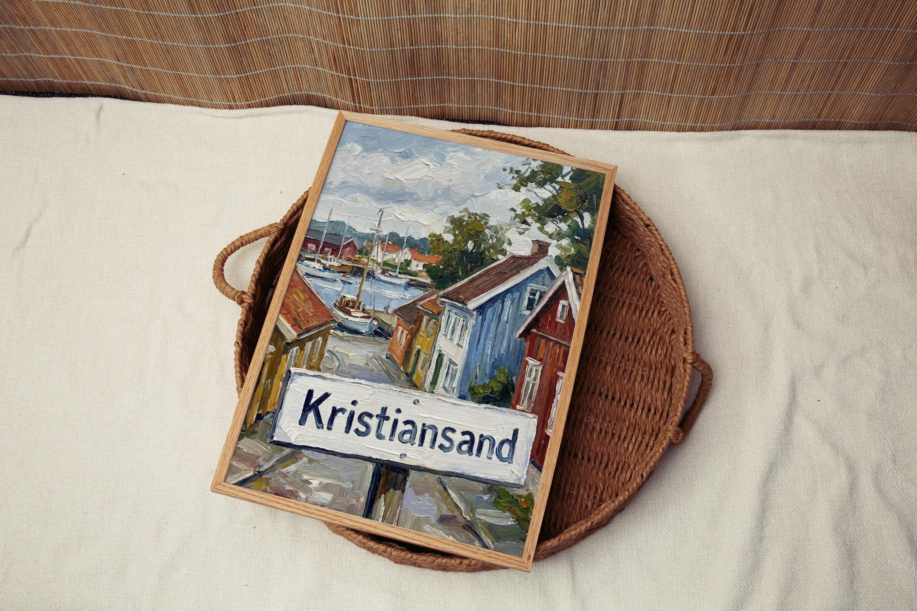 Kristiansand Oil Painting Art Print: Norway Coastal Street Sign Travel Poster