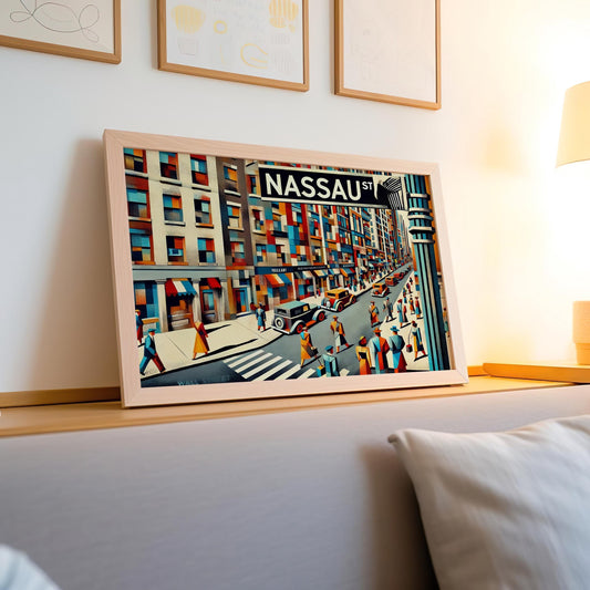 Nassau Street Wall Art Cubism Print - Manhattan Financial District Travel Poster, Modern Cityscape Decor Gift