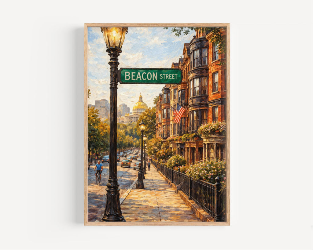 Beacon Street Oil Painting Art Print: Boston Historic Neighborhood Travel Poster